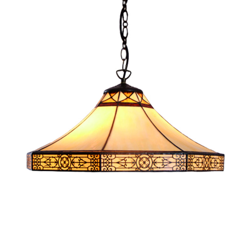 Single Bulb Stained Glass Tiffany-Style Cone Pendant Light In Beige For Living Room