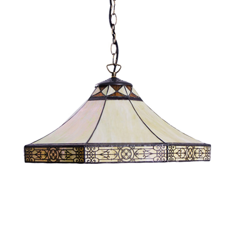 Single Bulb Stained Glass Tiffany-Style Cone Pendant Light In Beige For Living Room