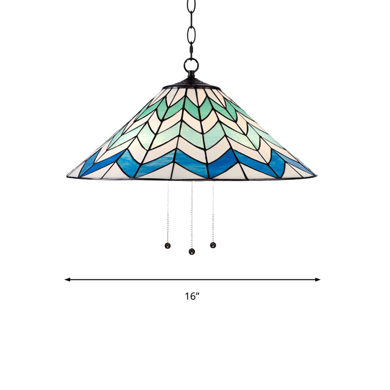 Blue Tiffany-Style Cone Pendant Light Fixture With Stained Art Glass - 16’/19.5’ W Single Head