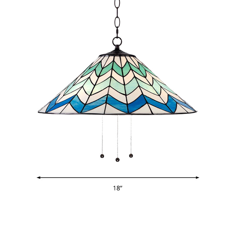 Blue Tiffany-Style Cone Pendant Light Fixture With Stained Art Glass - 16’/19.5’ W Single Head