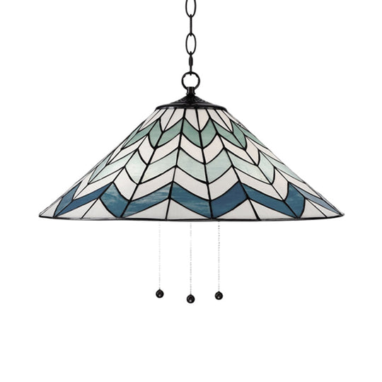 Blue Tiffany-Style Cone Pendant Light Fixture With Stained Art Glass - 16’/19.5’ W Single Head