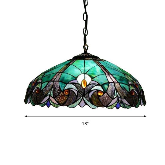 Tiffany Flared Ceiling Lamp - 4-Head Stained Art Glass Hanging Light Kit In Yellow/Blue For Bedrooms