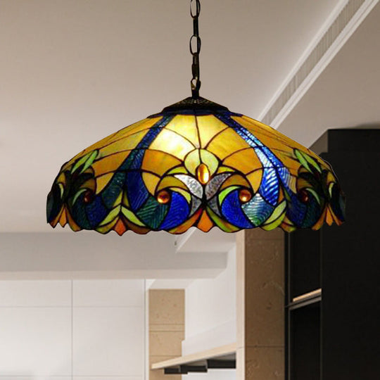 Tiffany Flared Ceiling Lamp - 4-Head Stained Art Glass Hanging Light Kit In Yellow/Blue For