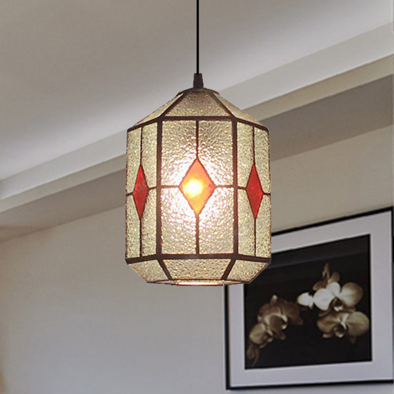 Tiffany Style Cylinder Hanging Light With Rhombus/Leaf Pattern - 1 Red/Green Down On Stainless