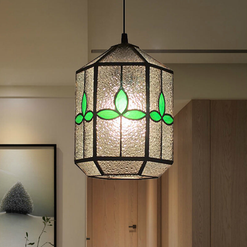 Tiffany Style Cylinder Hanging Light With Rhombus/Leaf Pattern - 1 Red/Green Down On Stainless Glass