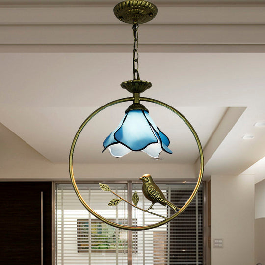 Stylish Blue Petal Tiffany Hanging Light Fixture - Handcrafted Art Glass Ceiling Lamp With Metal