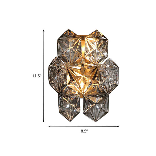 Modern Clear Crystal Hexagon Wall Light With Brass Finish - 2 Lights 8.5/12.5 Width Perfect For
