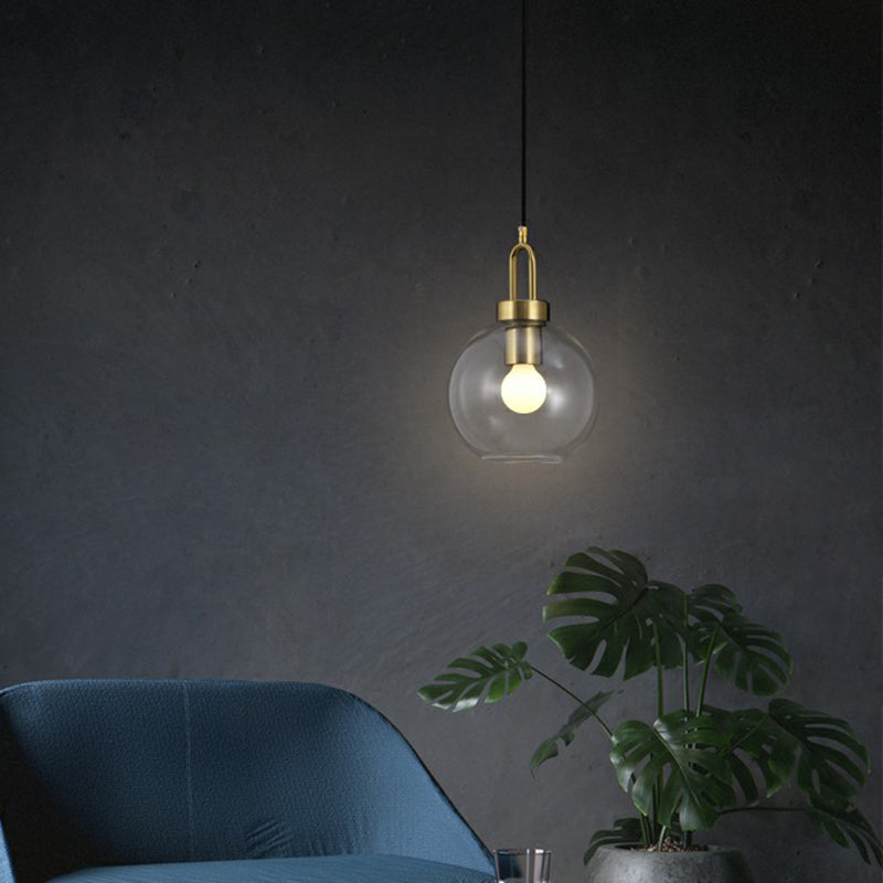 Simple Glass Sphere Pendant Light - 1 Head Brass Finish Dining Room Ceiling Lamp