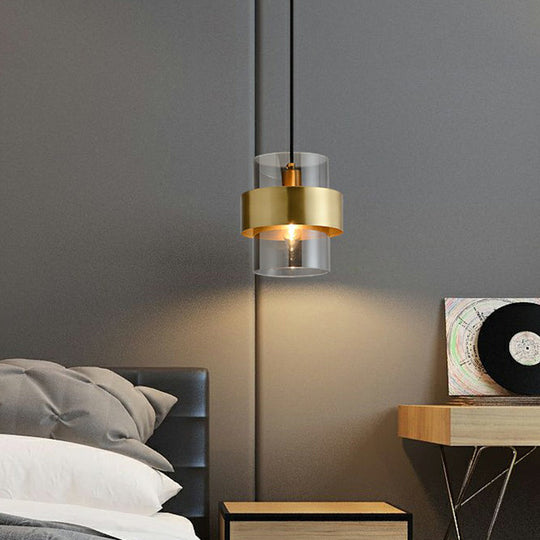 Smoke Grey Glass Cylinder Pendant Light - Brass Single Postmodern Bedroom Down Lighting