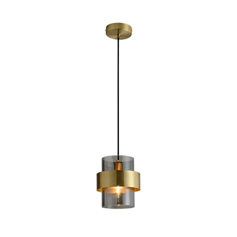Smoke Grey Glass Cylinder Pendant Light With Brass Postmodern Design For Bedroom Down Lighting