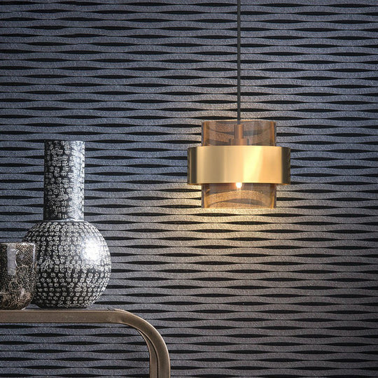 Cognac Glass Pendant Light Fixture With Nordic Design And Gold Ring Guard