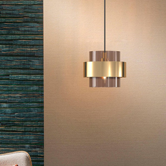 Cognac Glass Pendant Light Fixture With Nordic Design And Gold Ring Guard