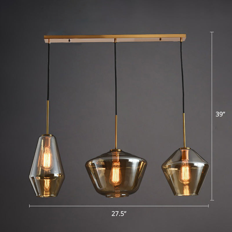 Modern Brass Pendant Light With Glass Shades - 3 Bulb Cluster Ceiling Suspension Amber / Linear