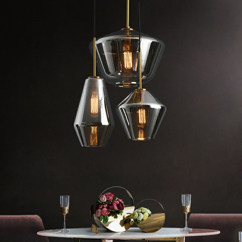 Modern 3-Bulb Brass Geometric Pendant Light With Glass Shade
