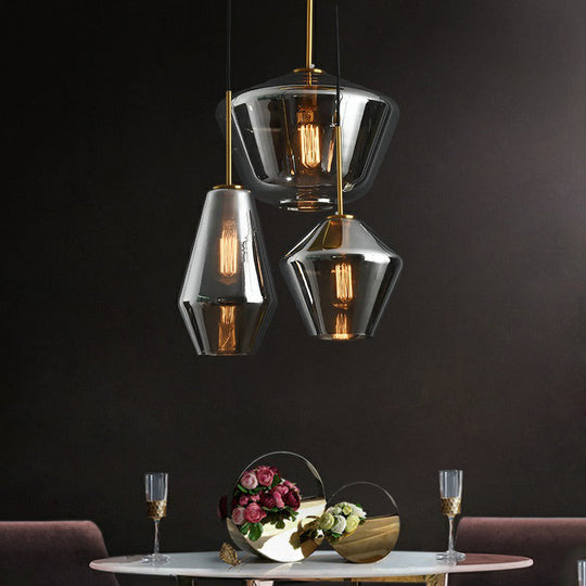 Modern Brass Pendant Light With Glass Shades - 3 Bulb Cluster Ceiling Suspension
