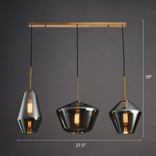 Modern Brass Pendant Light With Glass Shades - 3 Bulb Cluster Ceiling Suspension Smoke Gray / Linear