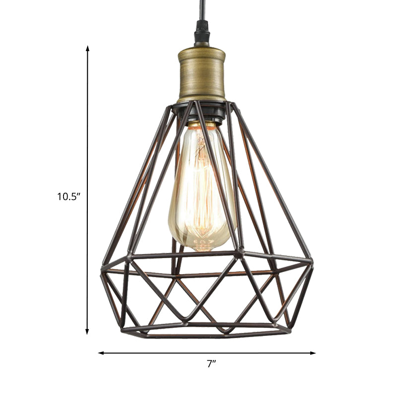 Vintage Diamond Cage Pendant Light - Iron Hanging Lamp In Brass For Living Room