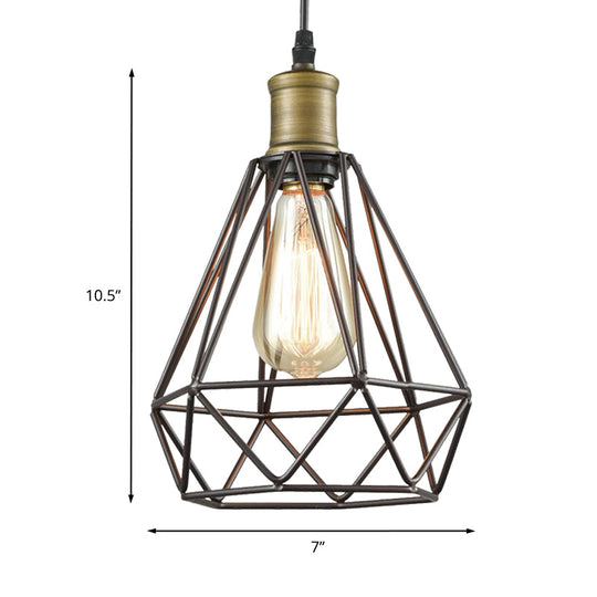 Vintage Diamond Cage Pendant Light - Iron Hanging Lamp In Brass For Living Room