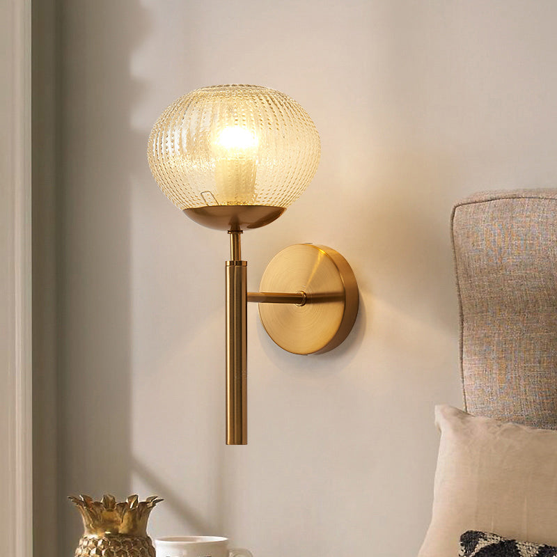 Postmodern Brass Sconce Bedside Wall Light With Textured Glass Shade - 1-Bulb Ball Shaped Lamp