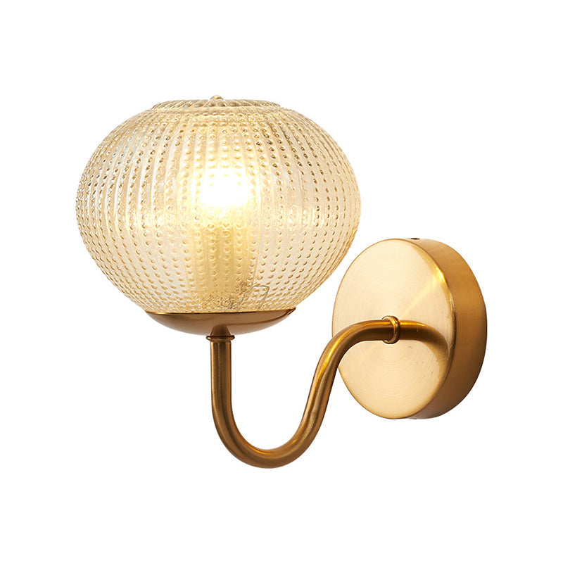 Postmodern Brass Sconce Bedside Wall Light With Textured Glass Shade - 1-Bulb Ball Shaped Lamp