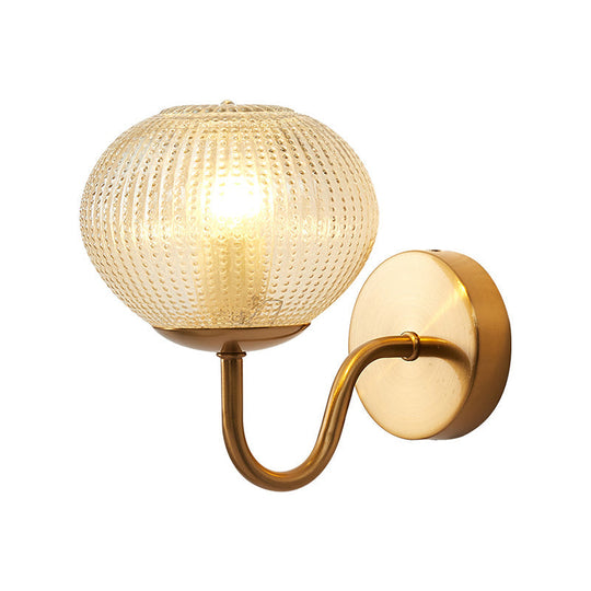 Postmodern Brass Sconce Bedside Wall Light With Textured Glass Shade - 1-Bulb Ball Shaped Lamp