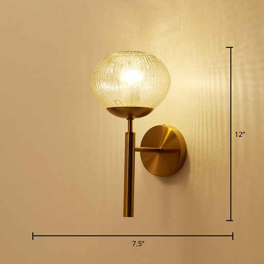 Postmodern Brass Sconce Bedside Wall Light With Textured Glass Shade - 1-Bulb Ball Shaped Lamp /