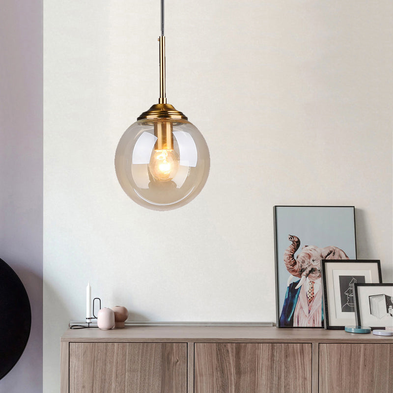 Brass Bedside Pendant Light: Postmodern Blown Glass Sphere | 1-Bulb Hanging Ceiling Fixture