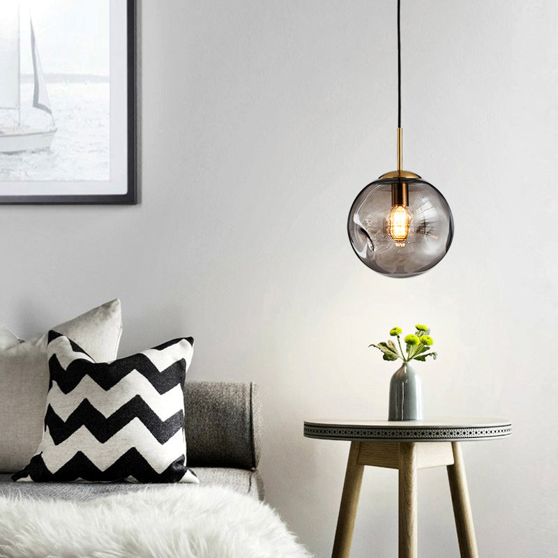 Dimpled Glass Globe Pendant Lamp: Postmodern Brass Hanging Light For Bedroom