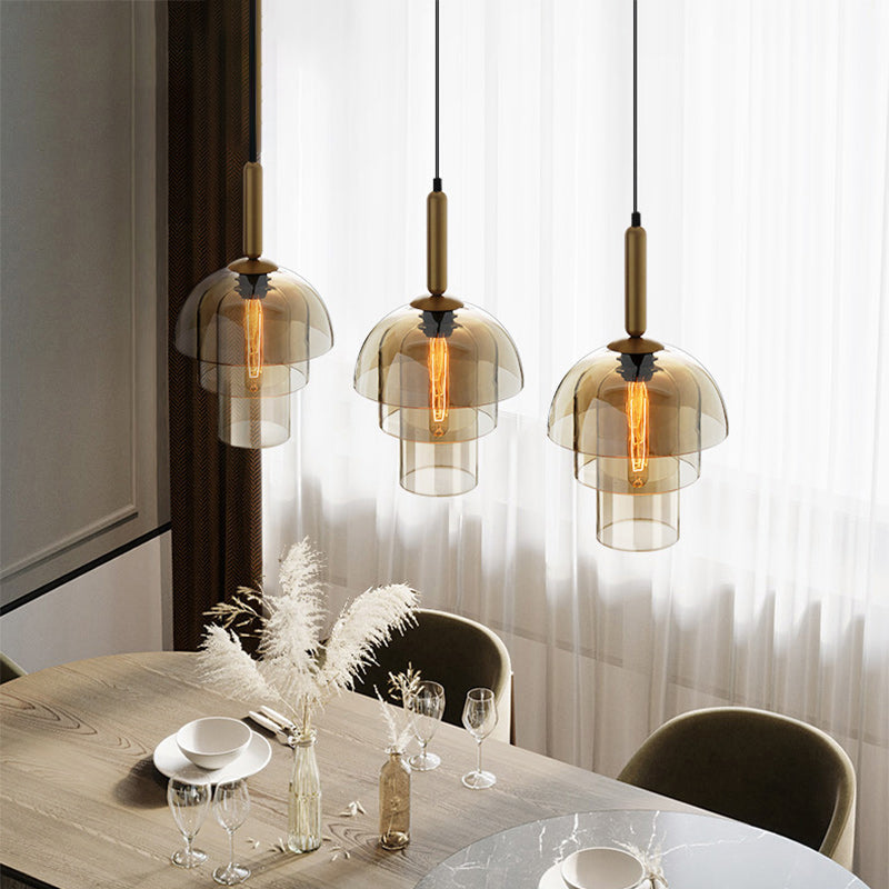 Postmodern Cognac Glass Pendant Light Fixture - Brass 3-Shade 1 Bulb Ideal For Dining Room Hanging