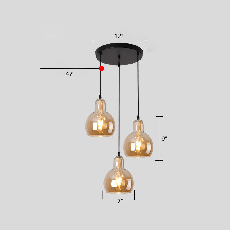 Modern Gourd Pendant Lamp With 3 Glass Heads - Black Suspension Light For Dining Room Amber / 12’