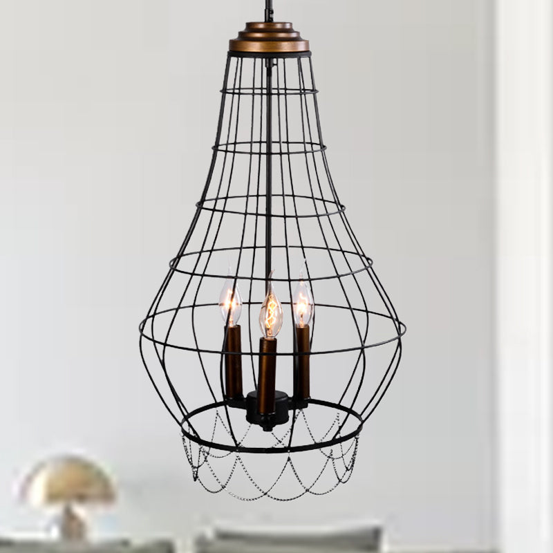 Industrial Metal Wire Guard Drop Light With 3 Black Finish Pendant Lights - Stylish Balcony Lamp