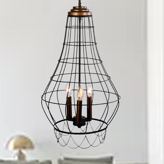 Industrial Metal Wire Guard Drop Light With 3 Black Finish Pendant Lights - Stylish Balcony Lamp