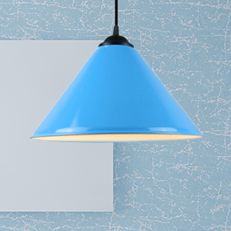 Modern Metal Cone Hanging Light - 1 Pink/Yellow/Green Pendant 12/14/16 Diameter Blue / 12