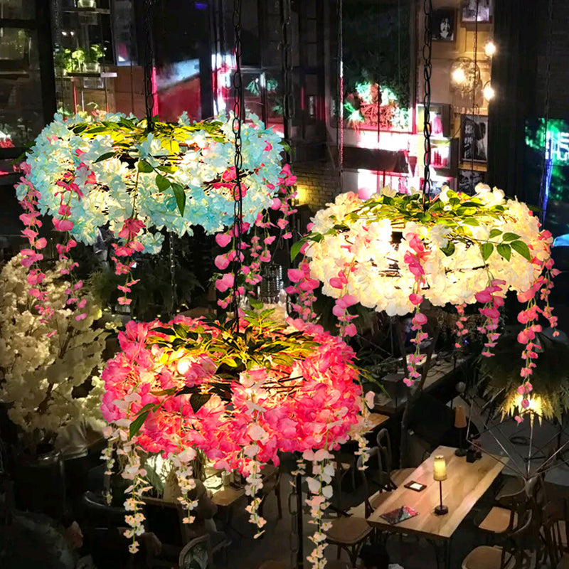 Round Cage Pendant Lamp With Floral Accents - Rustic Metal Chandelier 3 Lights