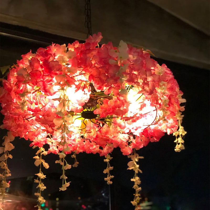 Round Cage Pendant Lamp With Floral Accents - Rustic Metal Chandelier 3 Lights