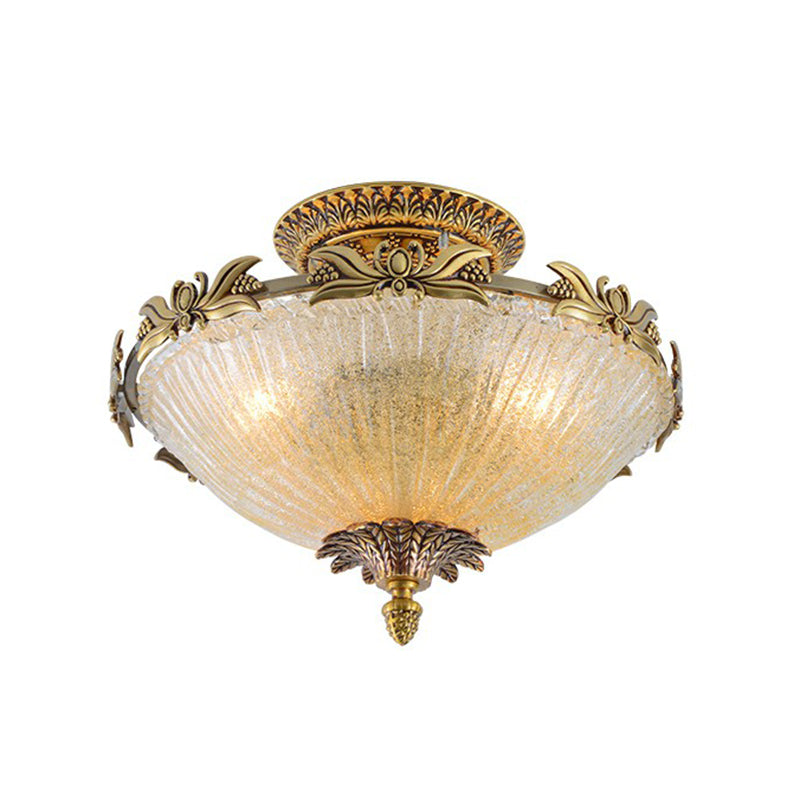 Semi Mount Lighting In Brass With Antiqued Bowl Shaped Flush Light And Clear Variegated Glass /