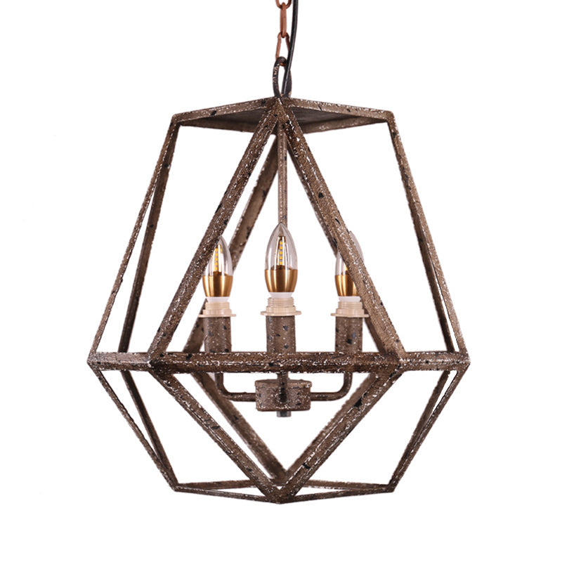 Metal Prismatic Cage Pendant Lamp: Rustic Stylish 3-Heads Chandelier Light Fixture With Adjustable