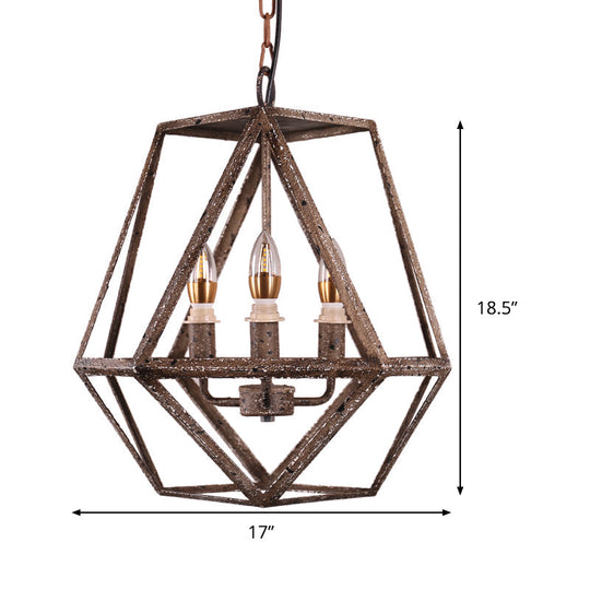 Metal Prismatic Cage Pendant Lamp: Rustic Stylish 3-Heads Chandelier Light Fixture With Adjustable
