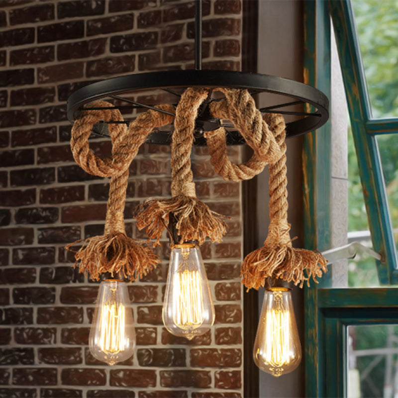 Rustic Hand-Wrapped Rope Chandelier With Decorative Wheel In Brown 3 /