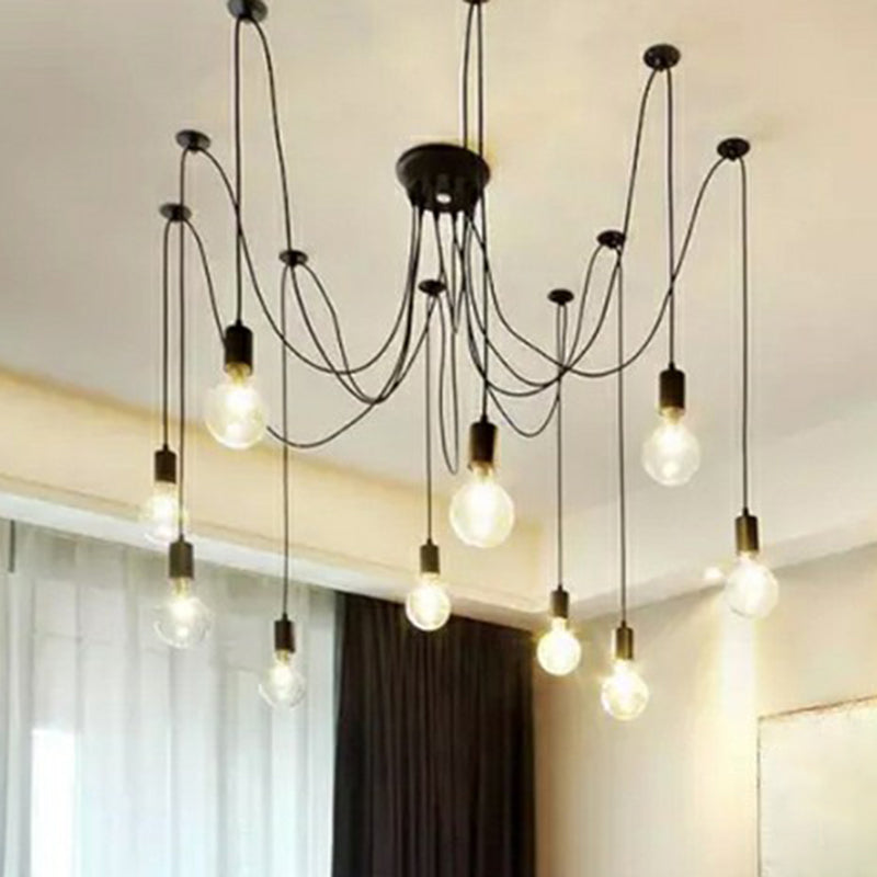 10 Head Black Swag Pendant Lighting Fixture For Hanging Lights With Naked Bulb - Factory Style