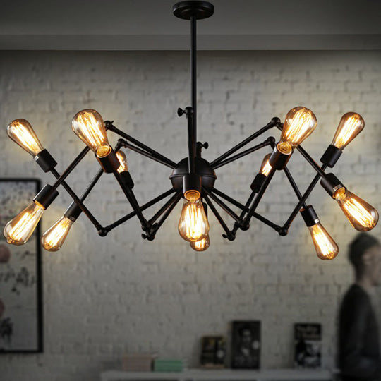 Iron Exposed Bulb Chandelier - Loft Style Restaurant Hanging Lamp With Swing Arm In Black