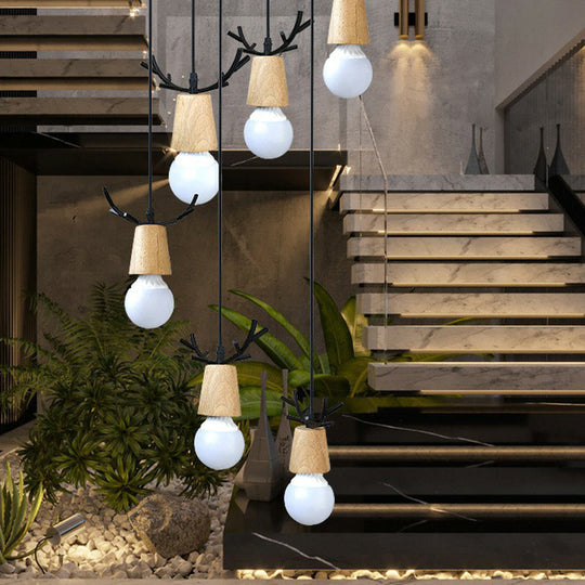 Nordic Wooden Antler Pendant Light With Bare Bulb Design – Ideal For Stairs And Ceilings