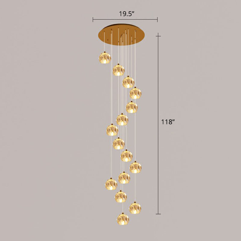 Golden Cluster Pendant Light With Faceted Cut Crystal Ball Design For Stairway Illumination 15 /