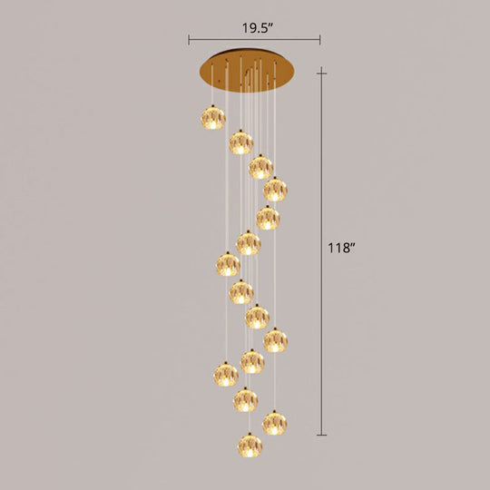 Minimalist Golden Crystal Ball Pendant Light For Stairs - Faceted Cut Ceiling Lamp Cluster 15 / Gold