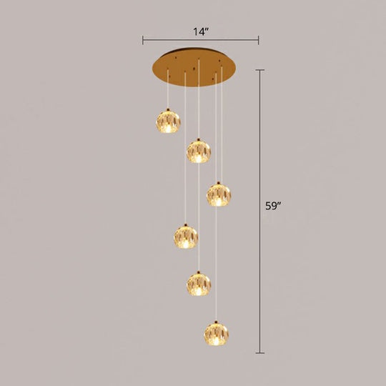 Golden Cluster Pendant Light With Faceted Cut Crystal Ball Design For Stairway Illumination 6 / Gold
