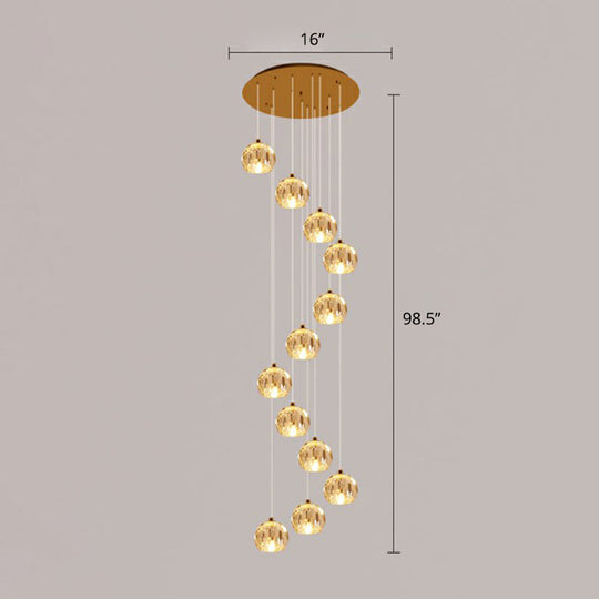 Golden Cluster Pendant Light With Faceted Cut Crystal Ball Design For Stairway Illumination 12 /
