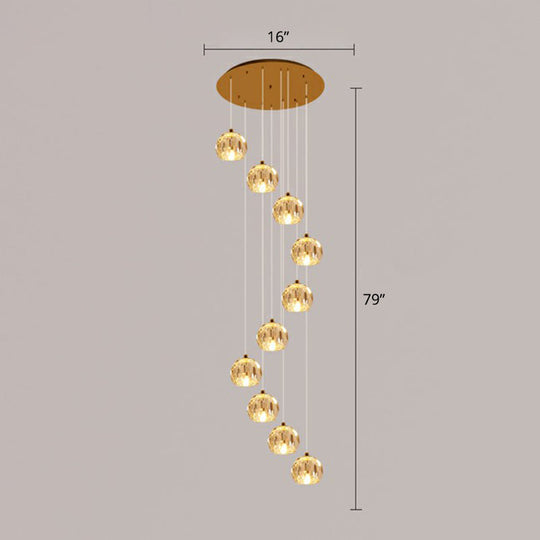 Minimalist Golden Crystal Ball Pendant Light For Stairs - Faceted Cut Ceiling Lamp Cluster 10 / Gold