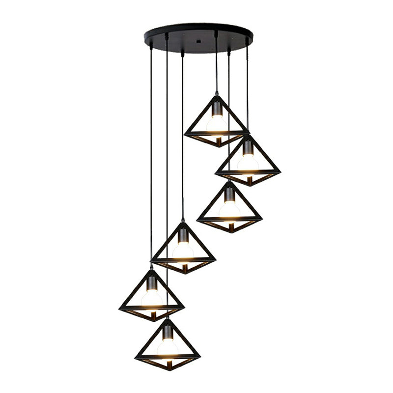 Cluster Pendant Cage Lamp: Loft Style Stairs Ceiling Light With 6 Metal Shades In Black