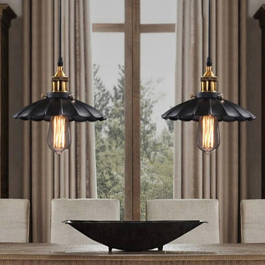 Black Scalloped Iron Ceiling Suspension Lamp - Loft Dining Room Pendant Light With 1 Bulb