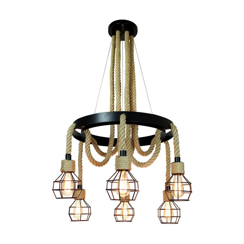 Industrial Iron Cage Chandelier With Hemp Rope - Black 6-Light Pendant Light For Dining Room
